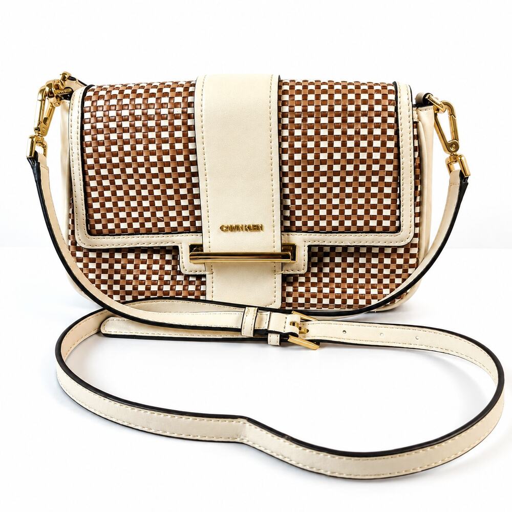 Calvin Klein Nadine Woven Checkerboard Crossbody Bag Tan Cream Convertible Purse